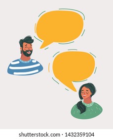 Cartoon vector illustration of Man and woman chatting with speech bubbles and place for text. Male and female face on white.