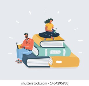 Cartoon vector illustration of man and woman reading books sitting on many big books. Human character and object on white background. Literature fans or lovers, student, education concept, fair