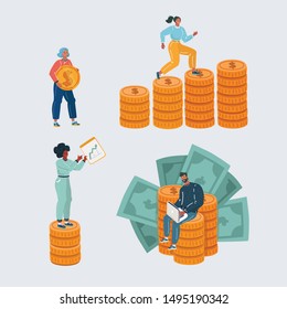 Cartoon vector illustration of man and woman standing on huge pile of money. Savings and finance concept on white background. Climbs on coins, earns on freelance.