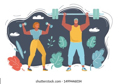 Cartoon vector illustration of man and woman exercises in the gym. Dumbbells and barbell