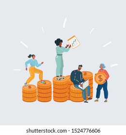 Cartoon vector illustration of man and woman standing on huge pile of money. Savings and finance concept on white background. Climbs on coins, earns on freelance.