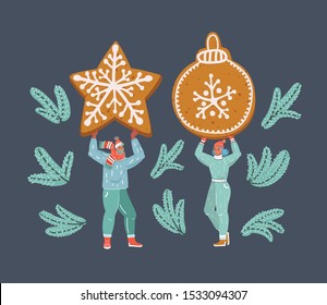 Cartoon vector illustration of man and woman standing with big Christmas cookies isolated on bark background. 