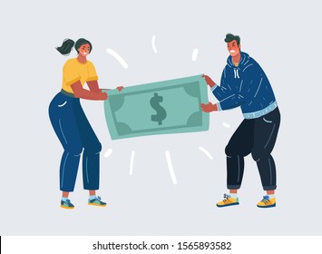 Cartoon vector illustration of man and woman competition, The quarrel between employees. Conflict, couple fights over money pulling on a giant dollar banknote. Human character on white.