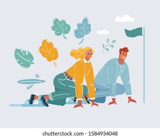 Cartoon vector illustration of man and woman sitting in starting position at start ready to sprint run on race track. Competition. Character on white background.