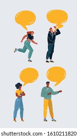 Cartoon vector illustration of man and woman speak something. Speech bubbles above their.