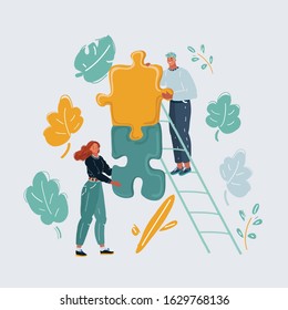 Cartoon vector illustration of man and woman fit pieces of puzzle to each other. The concept of a romantic relationship or friendship or teamwork.