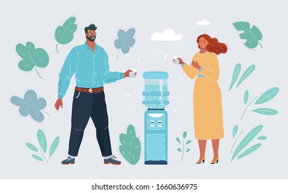 Cartoon vector illustration of A man and woman standing and talking around a water cooler.