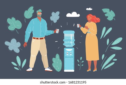 Cartoon vector illustration of man and woman stay near cooler and drink glass of water. Colleagues colleagues took a break of work.