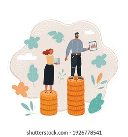 Cartoon vector illustration of man and woman. people stand on different stack of coins.