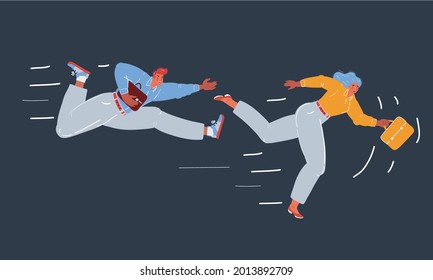 Cartoon vector illustration of man and woman people running in business competition on dark background.