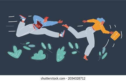Cartoon vector illustration of man and woman run in business competion on drack background.