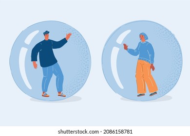 Cartoon vector illustration of man and woman inside Big Bubbles. Social distance concept, quarantine, loneliness among people