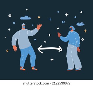 Cartoon vector illustration of man and woman in mask try to keep distance between them over dark backround.