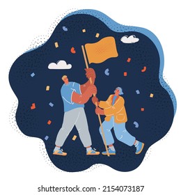 Cartoon vector illustration of man and woman holding flag