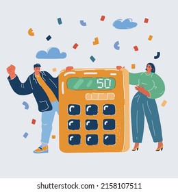 Cartoon vector illustration of man and woman stay with big calculator. Accounting concept.