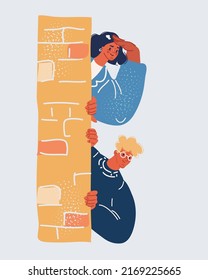 Cartoon vector illustration of man and woman hides behind the wall. Peeping person