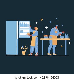 Cartoon vector illustration of man and woman cooking delicious meal