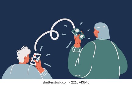 Cartoon vector illustration man and woman. Who call each other on the phone or send a message. Rear veiw over dark backround