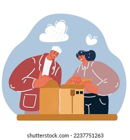 Cartoon vector illustration of man and woman receive good parcel. Open cardboard box at home satisfied with great purchase, happyunpack package look inside overjoyed by postal shipping delivery
