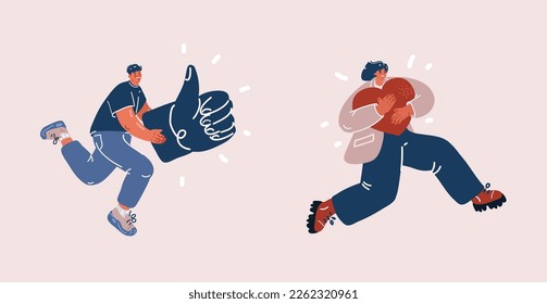 Cartoon vector illustration of Man and woman run and show approval gesture. Thumb up and heart symbol