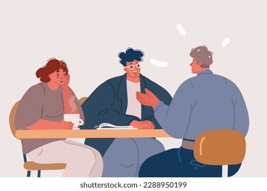 Dibujo vectorial de dibujos animados de hombres y mujeres sentados en la mesa y conversar con un consultor.