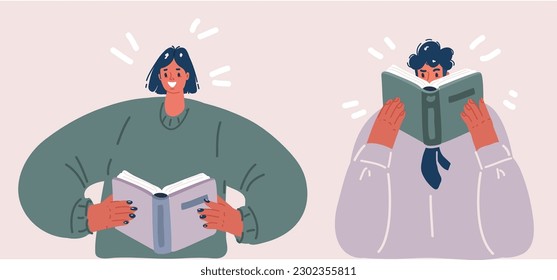 Cartoon vector illustration of man and woman reading books