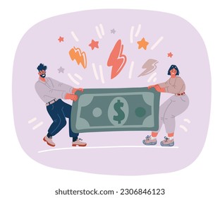 Cartoon vector illustration of man and woman sharing big Dollar Banknote. Divorce or competition concept