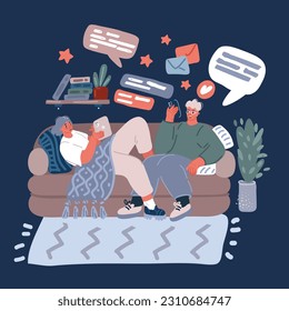 Cartoon vector illustration of Man and woman laying the couch with devices over dark background