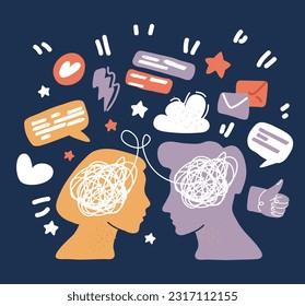 Cartoon vector illustration of Man and woman silhouette face to face. Thread from head to headover dark background