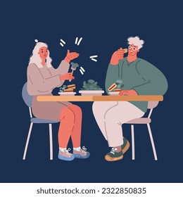 Cartoon vector illustration of Man and woman sitting and having lunch together over dark background