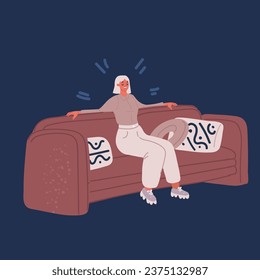 Cartoon vector illustration of Man and woman friends sitting on sofa, chatting. Happy smiling people, couple talking, laughing, relaxing on couch together. Funny dialog over dark backround