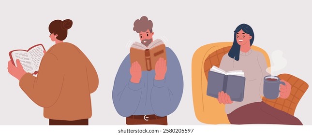 Cartoon vector illustration of man, women students reading paper books set. Smiling people readers standing, holding open textbooks, Education, literature, knowledge. Rear view, armchair