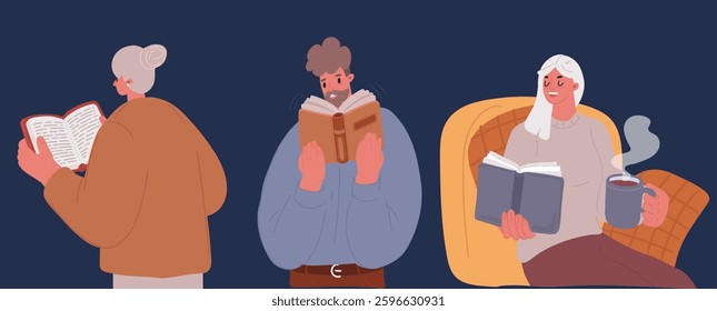 Cartoon vector illustration of man, women students reading paper books set. Smiling people readers standing, holding open textbooks, Education, literature, knowledge. Rear view, armchair 