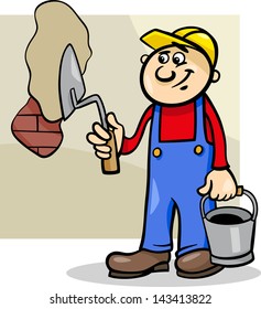 Cartoon Vector Illustration of Man Worker or Workman with Trowel Plaster Brick Wall