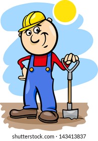 Cartoon Vector Illustration of Man Worker or Workman with Spade or Shovel