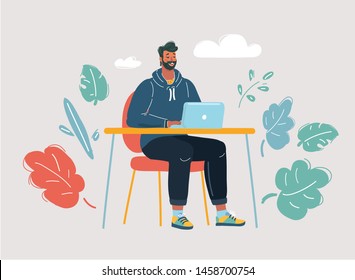Cartoon vector illustration of man is working at his laptop with working process on white.