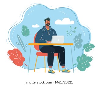 Cartoon vector illustration of man working on computer.