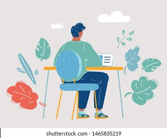 Cartoon vector illustration of man working on computer. Male Character sitting on chair by office Desk.