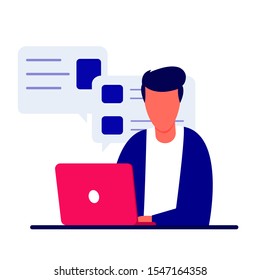 Cartoon vector illustration of man working on computer.