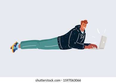 Cartoon vector illustration of man working on laptop lying down.