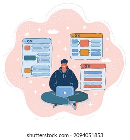 Cartoon vector illustration of Man working at laptop. Freelancer concept.