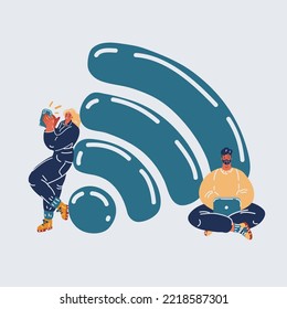 Cartoon Vector Illustration Of Man Working With Laptop And Woman With Phone Standing Near Big Wifi Sign In The Free Internet Zone. Free Wifi Hotspot, Public Assess Zone, Portabe Device Concept.