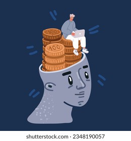 Cartoon vector illustration of man working at laptop on stack coin to money in big head over dark background