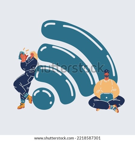 Cartoon vector illustration of Man working with laptop and woman with phone standing near big wifi sign in the free internet zone. Free wifi hotspot, public assess zone, portabe device concept.