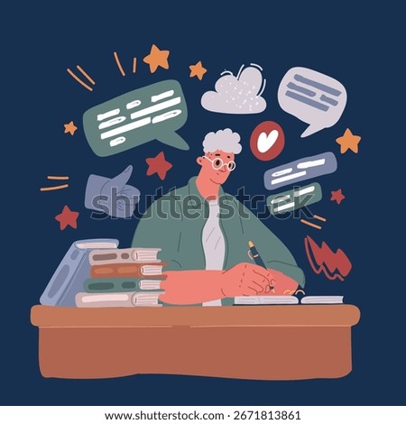 Cartoon vector illustration of man writing with pen student over dark background