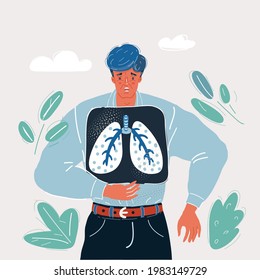 Cartoon vector illustration of man with x-ray shot of his lungs