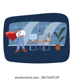 Cartoon vector illustration of Manager with coat of superman. Superhero in office