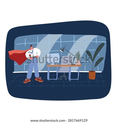 Cartoon vector illustration of Manager with coat of superman. Superhero in office