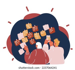 Dibujo vectorial de caricatura de gerentes escribiendo ideas de estrategia en notas pegajosas. Colega mirando su presentación de escrutinio estratégico. Planificación de proyectos empresariales sobre un fondo oscuro