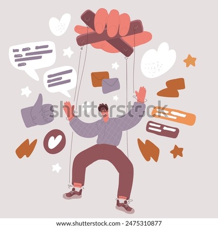 Cartoon vector illustration of Manipulator concept. Boss puppet abuse manipulations, employer domination exploitation, dictator control, authority manipulator, abuser doll on strings manipulation.